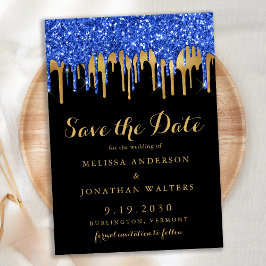 Elegant Blue Black Gold Glitter Drift Weddenschap Save The Date