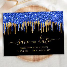 Elegant Blue Black Gold Glitter Drift Weddenschap Save The Date