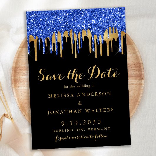 Elegant Blue Black Gold Glitter Drift Weddenschap Save The Date