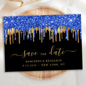 Elegant Blue Black Gold Glitter Drift Weddenschap Save The Date