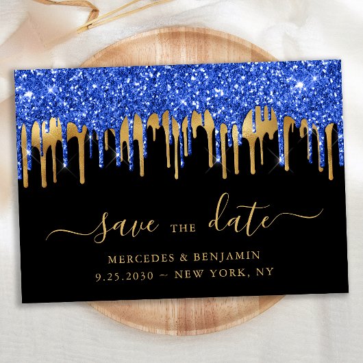 Elegant Blue Black Gold Glitter Drift Weddenschap Save The Date