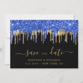 Elegant Blue Black Gold Glitter Drift Weddenschap Save The Date (Voorkant)