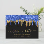 Elegant Blue Black Gold Glitter Drift Weddenschap Save The Date (Staand voorkant)