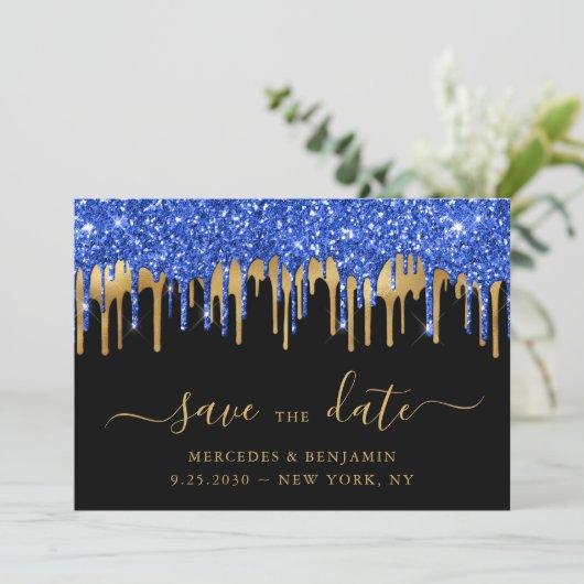 Elegant Blue Black Gold Glitter Drift Weddenschap Save The Date (Staand voorkant)