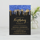 Elegant Blue Black Gold Glitter Drips Birthday Kaart (Staand voorkant)