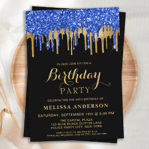 Elegant Blue Black Gold Glitter Drips Birthday Kaart