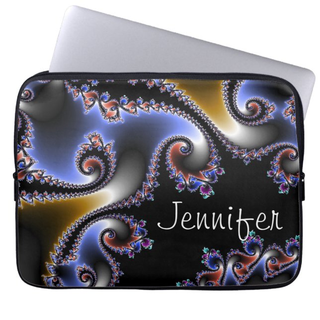 Elegant Blue Black Gold Swirl Name Fractal Laptop Sleeve (Voorkant)