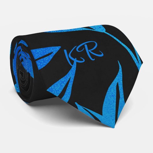 Elegant Blue Black Leaf Pattern Stijlvolle Initial Stropdas (Opgerold)