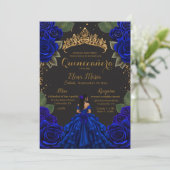 Elegant Blue Black Quinceañera Rozen Gold Glitter Kaart (Staand voorkant)