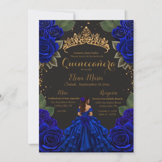 Elegant Blue Black Quinceañera Rozen Gold Glitter Kaart (Voorkant)
