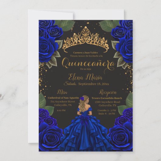 Elegant Blue Black Quinceañera Rozen Gold Glitter Kaart (Voorkant)
