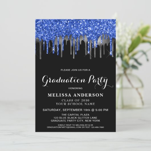 Elegant Blue Black Silver Glitter Drift Afstuderen Kaart (Staand voorkant)