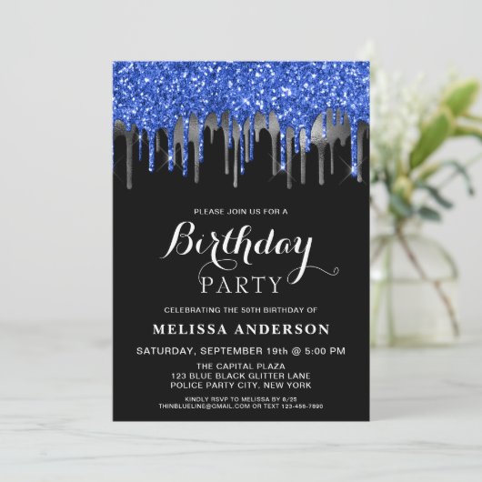 Elegant Blue Black Silver Glitter Drift Birthday Kaart (Staand voorkant)
