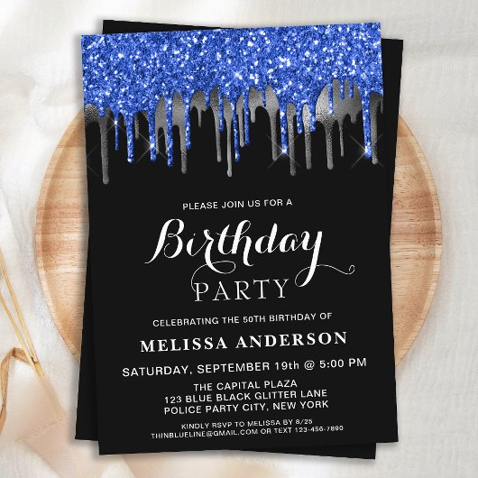 Elegant Blue Black Silver Glitter Drift Birthday Kaart