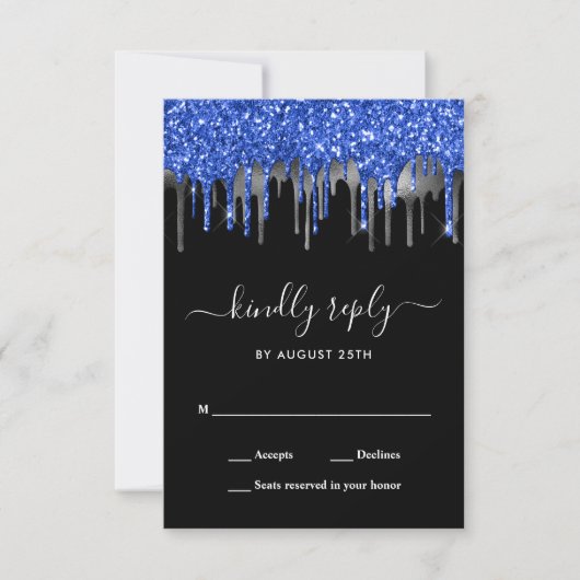 Elegant Blue Black Silver Glitter-drift RSVP Kaartje (Voorkant)
