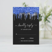 Elegant Blue Black Silver Glitter-drift RSVP Kaartje (Staand voorkant)