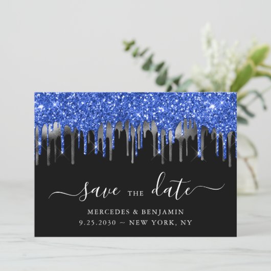 Elegant Blue Black Silver Glitter-drift Save The Date (Staand voorkant)