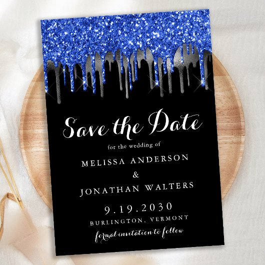 Elegant Blue Black Silver Glitter-drift Save The Date