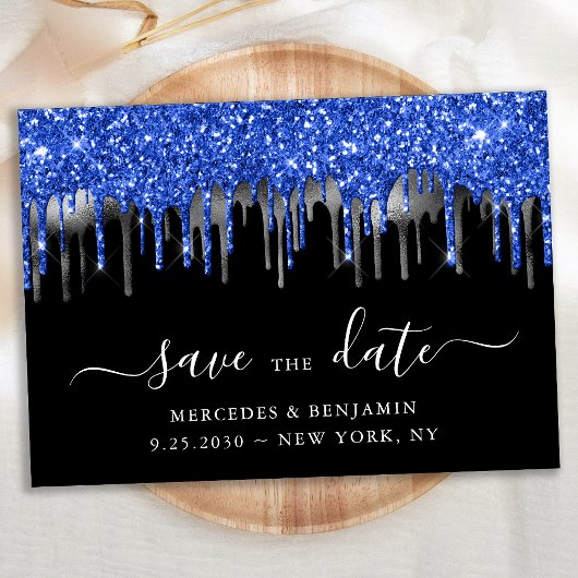 Elegant Blue Black Silver Glitter-drift Save The Date