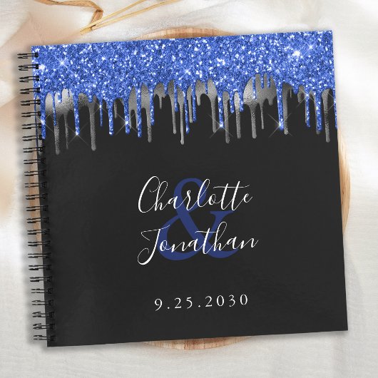 Elegant Blue Black Silver Glitter Wedding Guest Notitieboek