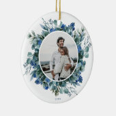 Elegant Blue Blauwgroen Floral Wreatfoto Keramisch Ornament (Rechts)