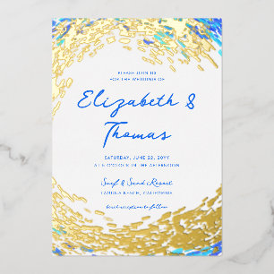 Elegant Blue Blauwgroen Gold Surfer Wave Beach Wed Folie Uitnodiging