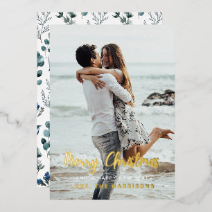 Elegant Blue Blauwgroen Kerstmis Floral Foto Folie Feestdagenkaart