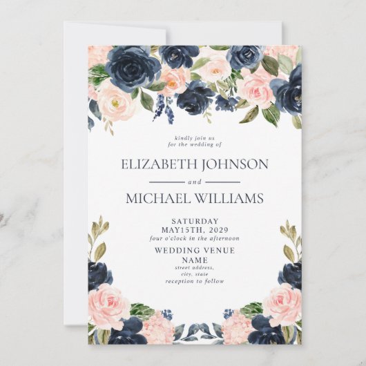 Elegant Blue Blush Waterverf Floral Photo Wedding Kaart (Voorkant)
