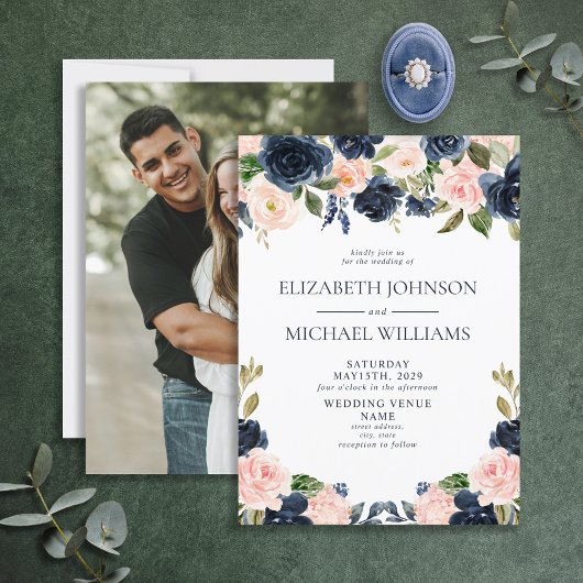 Elegant Blue Blush Waterverf Floral Photo Wedding Kaart