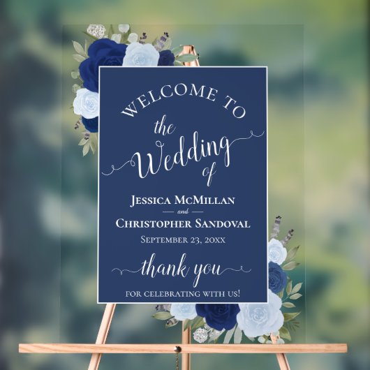 Elegant Blue Boho Chic Roses Wedding Welcome Acryl Bord (Neutraal)