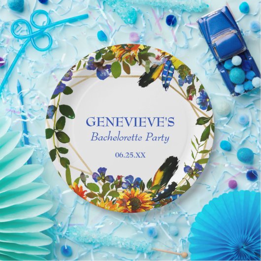 Elegant Blue Boho Floral Bachelorette Party Papieren Bordje (Feest)