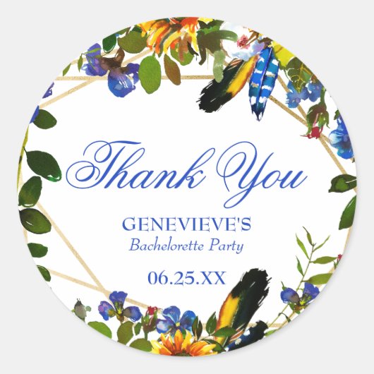 Elegant Blue Boho Floral Bachelorette Ronde Sticker (Voorkant)