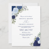Elegant Blue Boho Roses Modern QR Code Wedding Kaart (Voorkant)