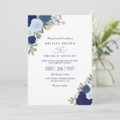 Elegant Blue Boho Roses Modern QR Code Wedding Kaart (Staand voorkant)