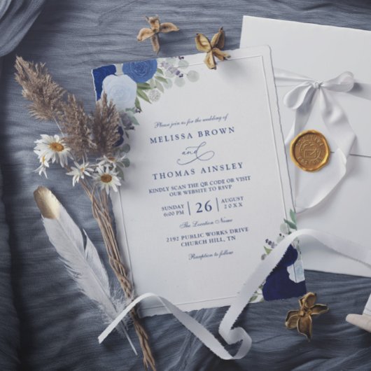 Elegant Blue Boho Roses Modern QR Code Wedding Kaart