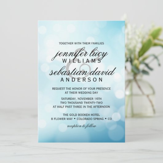 Elegant Blue Bokeh Light Chic Wedding Kaart (Staand voorkant)