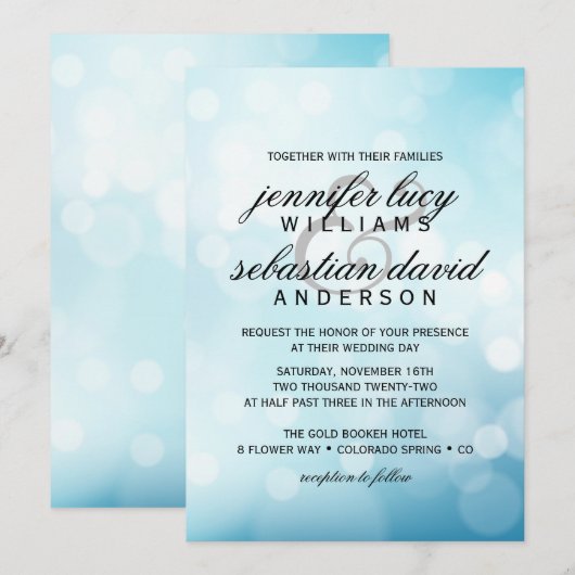 Elegant Blue Bokeh Light Chic Wedding Kaart (Voorkant / Achterkant)