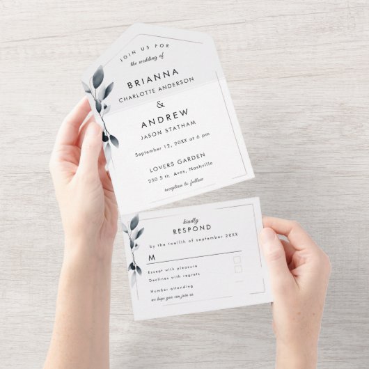 Elegant Blue Botanical All-in-One Weddenschap Invi All In One Uitnodiging (Afscheurbaar)