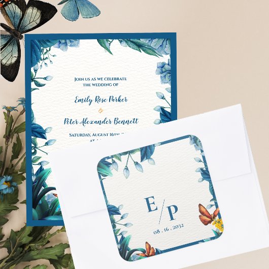 Elegant Blue Botanical Butterfly Monogram Wedding Vierkante Sticker