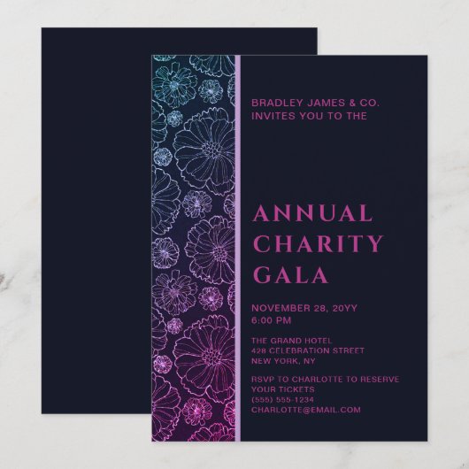 Elegant Blue Botanical Charity Event Gala in Kaart (Voorkant / Achterkant)
