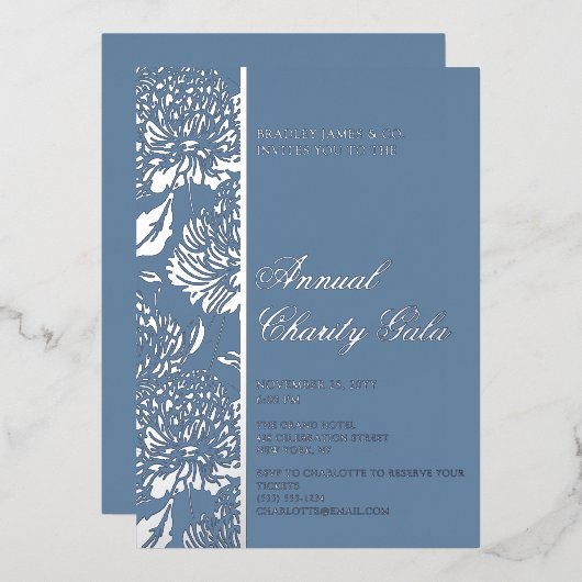 Elegant Blue Botanical Charity Event Gala Party Folie Uitnodiging (Voorkant / Achterkant)