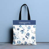 Elegant Blue Botanical Floral, gepersonaliseerde n Tote Bag