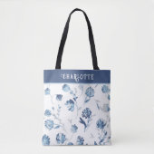 Elegant Blue Botanical Floral, gepersonaliseerde n Tote Bag (Voorkant)