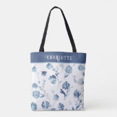 Elegant Blue Botanical Floral, gepersonaliseerde n Tote Bag (Achterkant)
