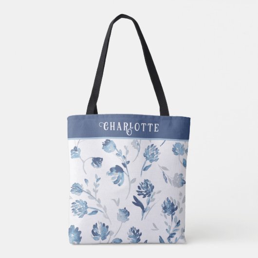 Elegant Blue Botanical Floral, gepersonaliseerde n Tote Bag (Achterkant)