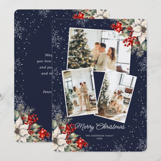 Elegant Blue Botanical Photo Christmas Card Feestdagenkaart (Voorkant / Achterkant)