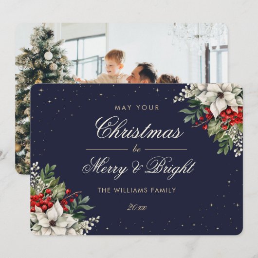 Elegant Blue Botanical Photo Christmas Feestdagenkaart (Voorkant / Achterkant)