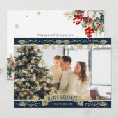 Elegant Blue Botanical Photo Happy Holidays Card Feestdagenkaart (Voorkant / Achterkant)