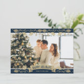 Elegant Blue Botanical Photo Happy Holidays Card Feestdagenkaart (Staand voorkant)