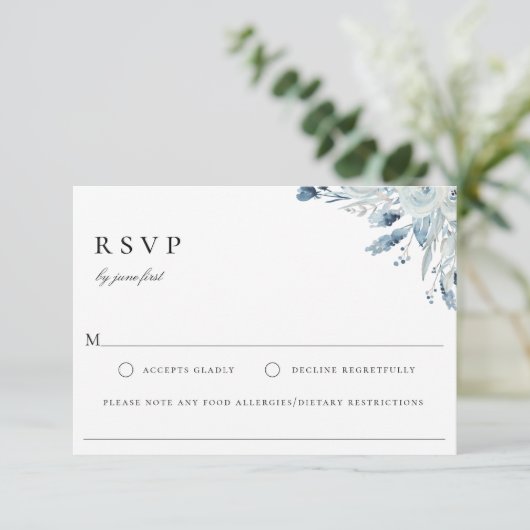 Elegant Blue Botanical Wedding Food Allergy RSVP (Staand voorkant)